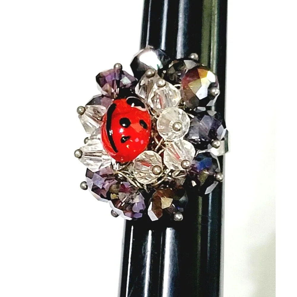 Chunky Ladybug Ring‎ Glass Adjustable Purple Red Statement Jewelry r-9
